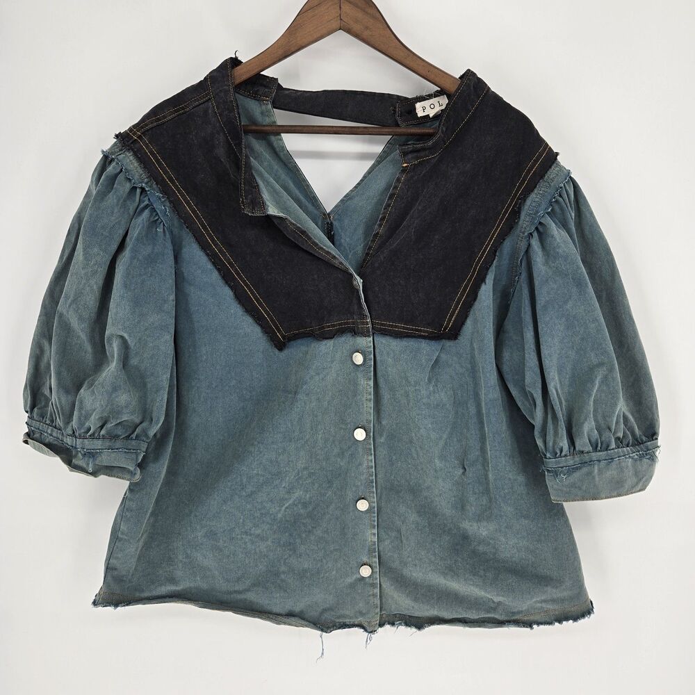POL Western Boho Top Large Denim Puff Sleeve Festival Edgy